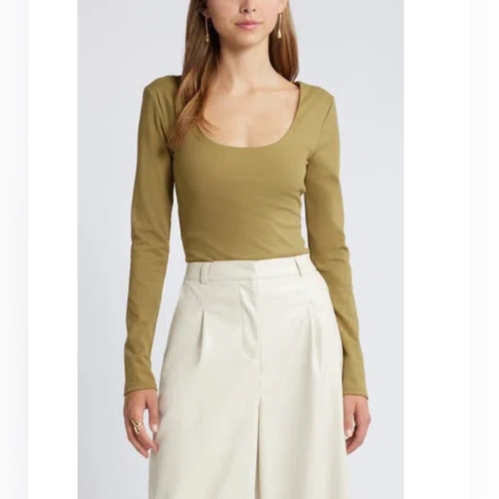 NWT- Open Edit Smooth Edit Scoop Neck Top, Olive Brine, size Medium